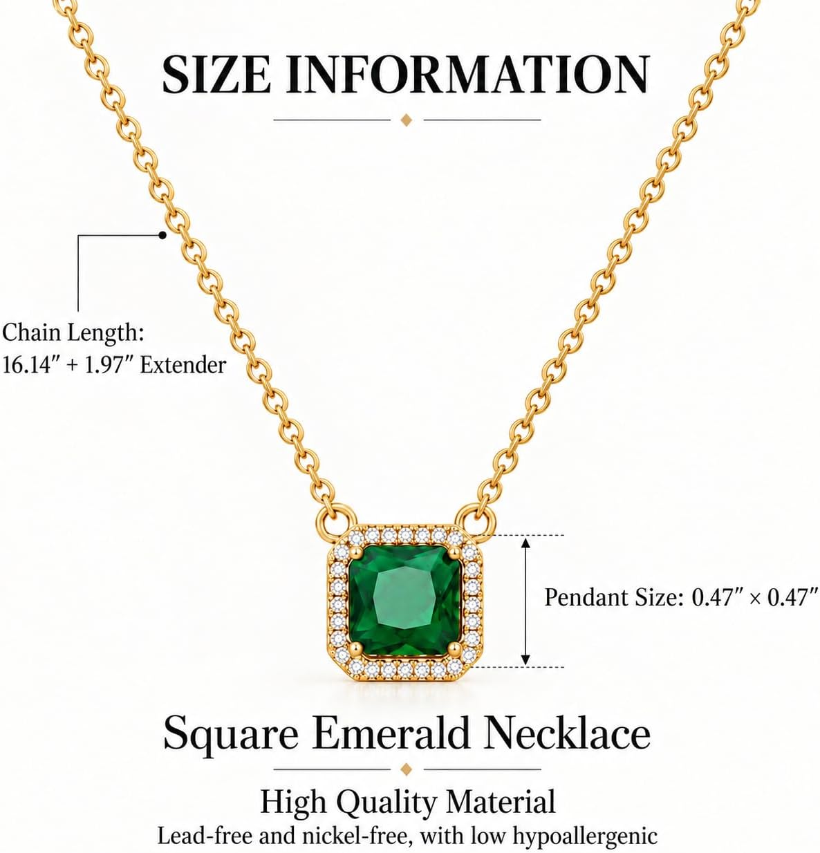 Square Emerald Necklace, Cubic Zirconia Crystal Necklace, 18K Gold Plated Green Stone Pendant Necklace, May Birthstone Jewelry for Women