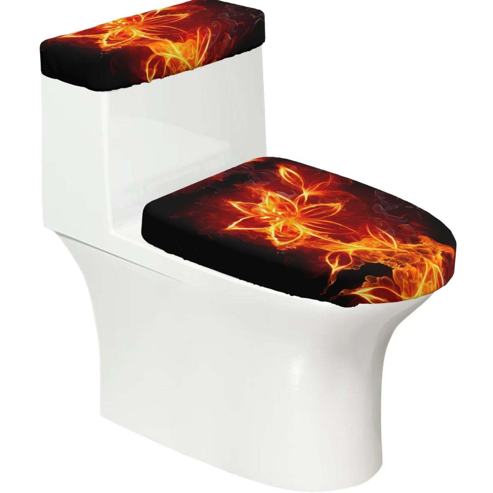 Mrowyc Black Flaming Fire Flowers Printed Toilet Seat Set - Set Of 2 - Universal Toilet Seat Cover - Housewarming Birthday Christmas Gift