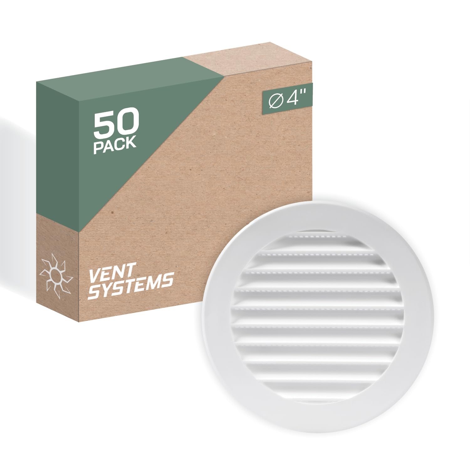Vent Systems 100 mm / 4" Inch Round Soffit Vent Cover - Pack of 50 - White Louvered Plastic Grill Cover - Vent Grille with Screen Mesh - HVAC, Ducting, Pipe Air Supply Vents for Bathroom, Kitchen