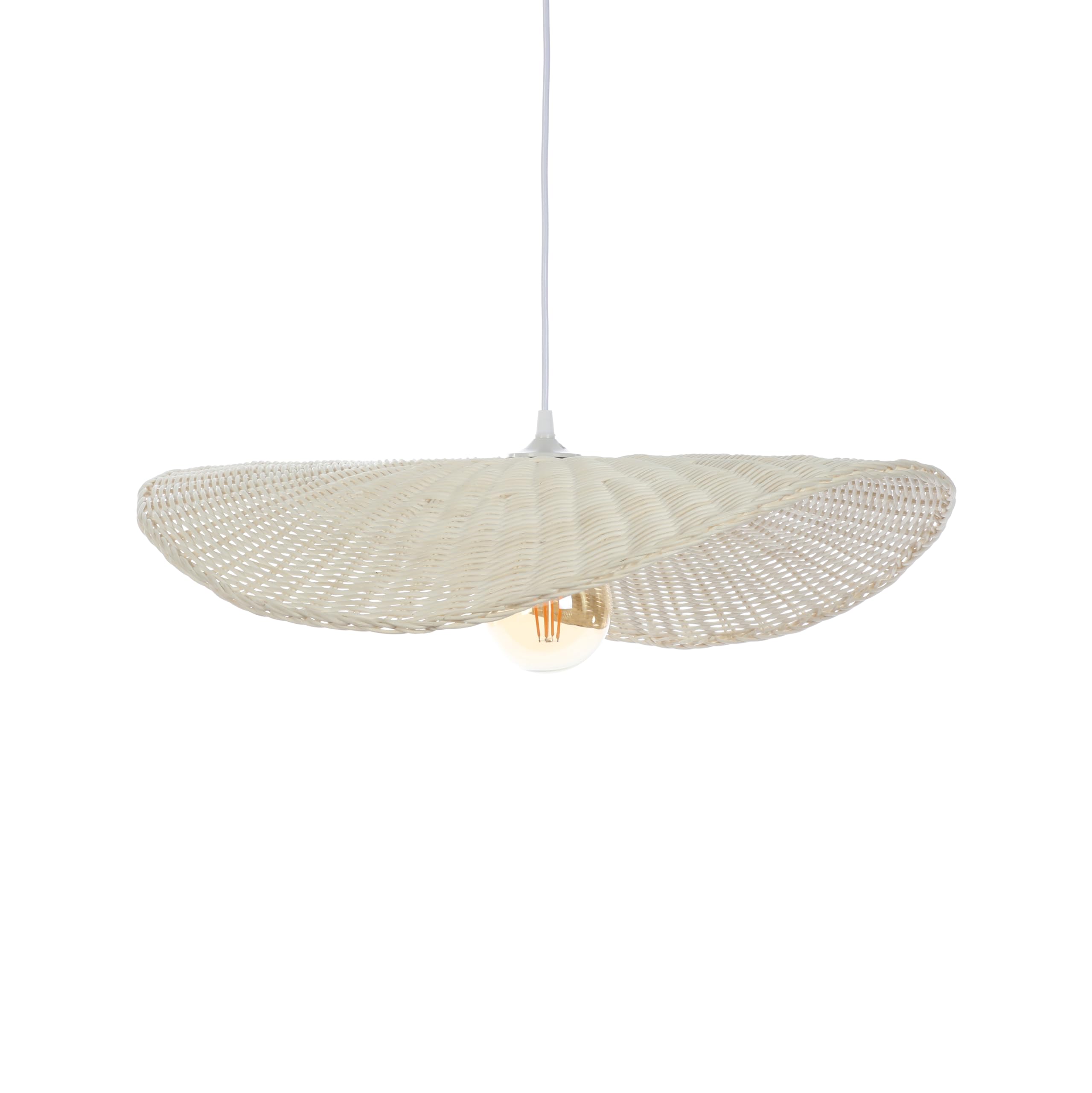 LUSSIOL - Luminaire Padang, lustre chips - lampe suspendue en rotin tressé naturel puis blanchi - câble plastique blanc, douille E27 - possibilité ampoule LED - 60W maxi, Diam. 58 x H. 11 cm