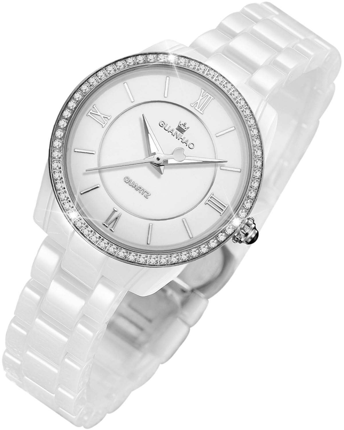 GUANHAOWhite Ceramic Watches for Women with Diamond Dial, Date Calendar Ladies Fashion Watch Waterproof, Stainless Steel Wristwatch Quartz