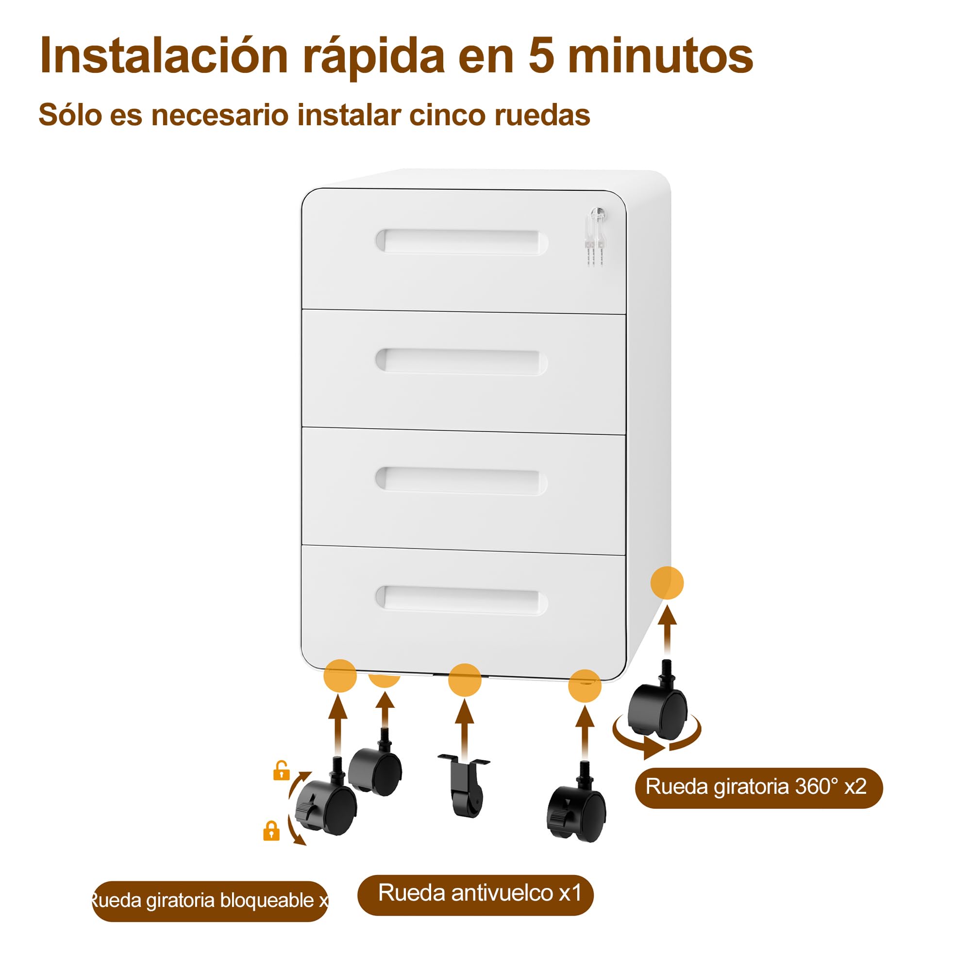 Cajonera móvil, Archivador Metálico con Cerradura, 4 Llaves, 4 Cajones, Premontado, Esquinas Redondeadas, para Oficina, Oficina en Casa, 46P x 40A x 64A cm, Blanco