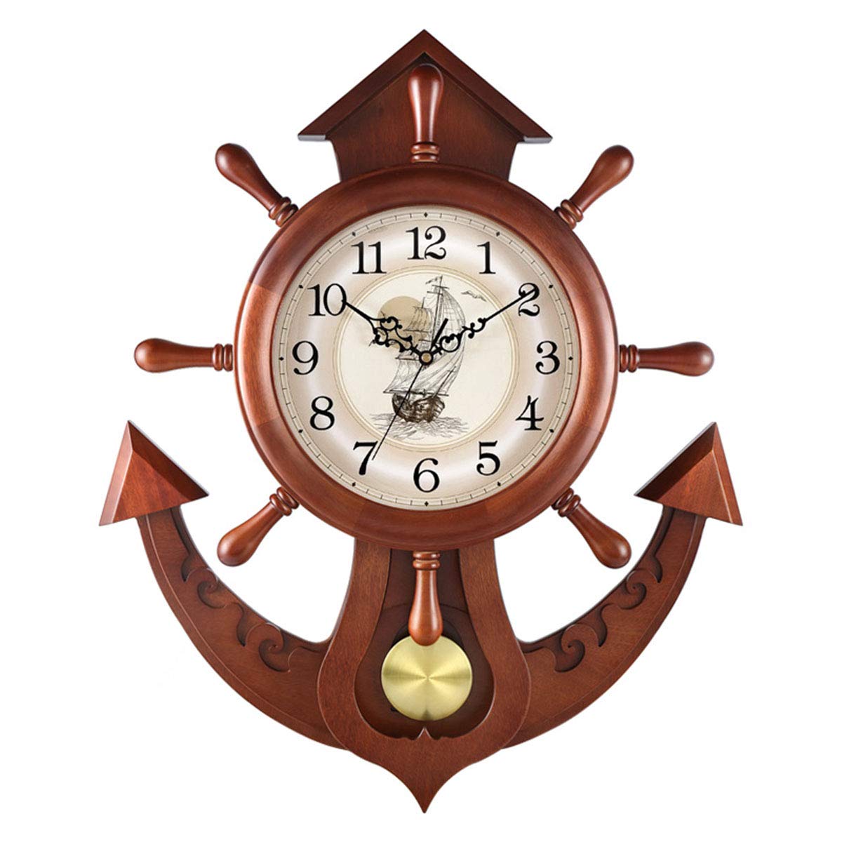 FCZH Wooden Pendulum Clock, Antique Mechanical Wall Clock Classic Quartz Battery Silent Gift Clock, Rudder Design, Vintage Retro Non Ticking Clock,6656cm