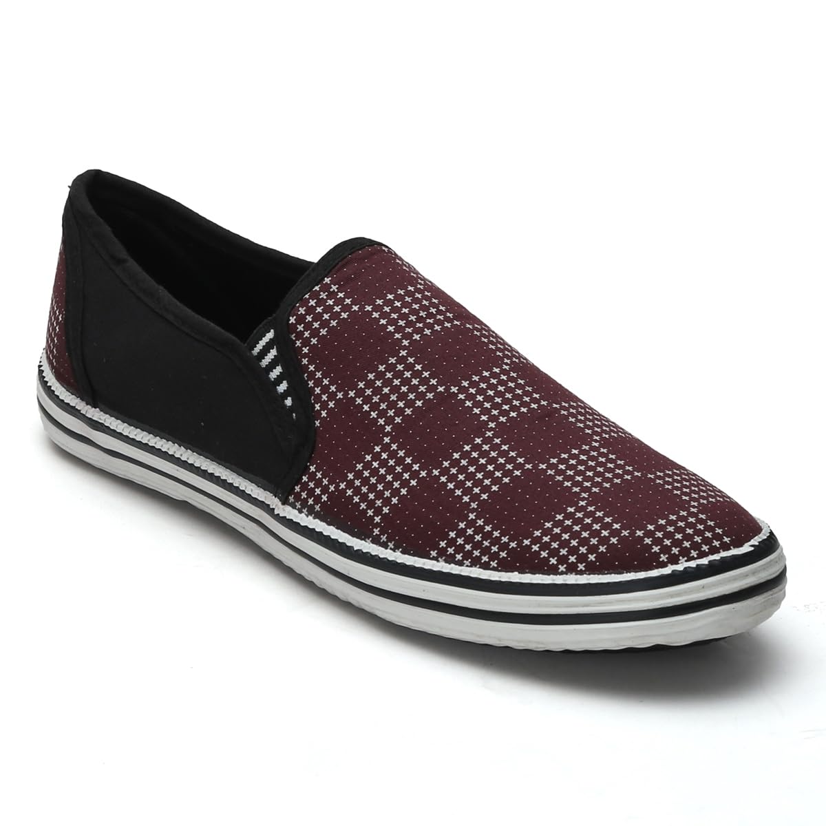 Women's Slip-On Canvas Loafers, Maroon and Black, Rubber Sole, Casual Sneakers with Cross Print-image-23