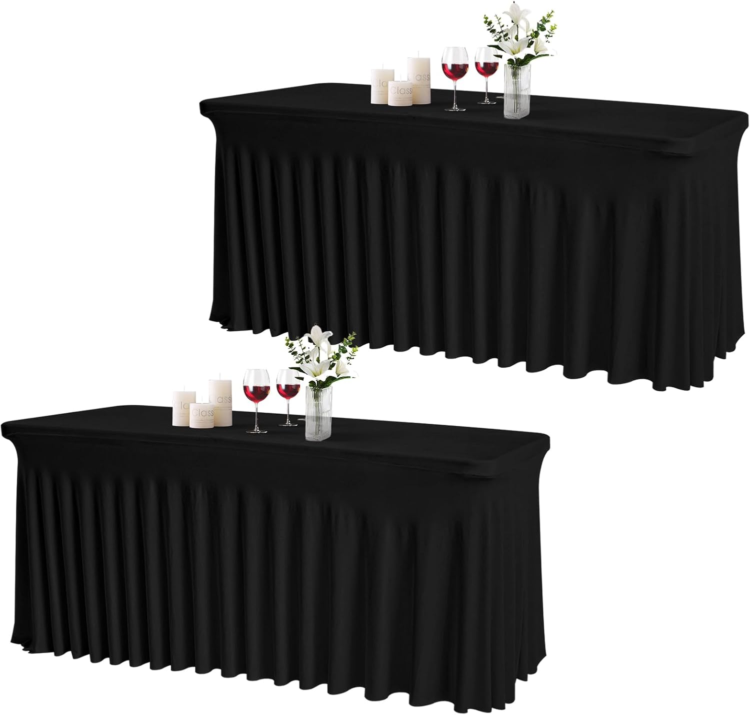 JCJ Table Skirt for Rectangle Tables Set of 2 Spandex Fitted Black Tablecloths for 6FT Tables, Wrinkle Resistant Ruffles Elastic Table Cover Skirts for Teacher Desk Weddings Banquets Parties