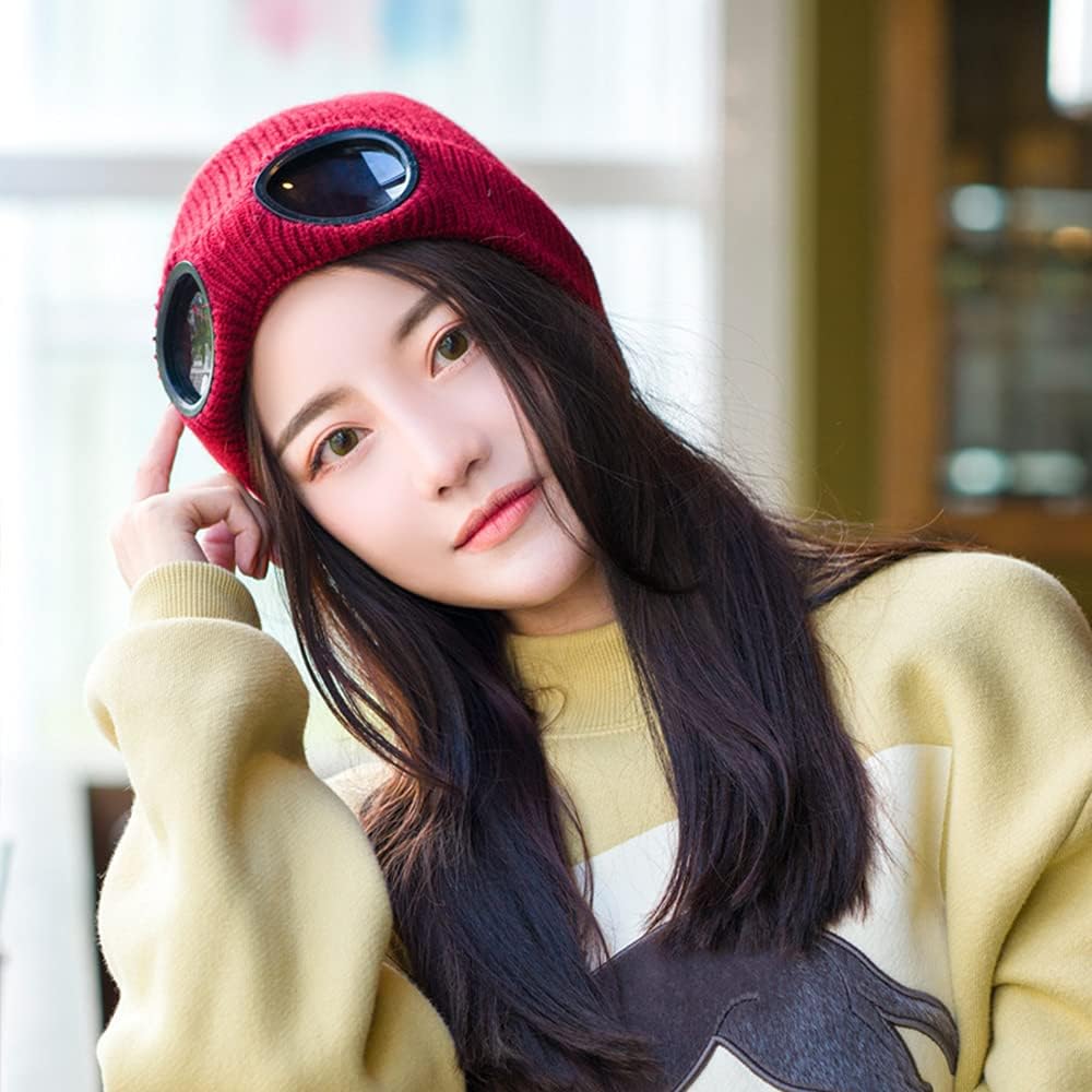 Unisex Knitted Goggles Beanie - Winter Stylish Skull Warm Cap, Outdoor Sports Fashion Fleece Lining Stretchy Hat - Image 6