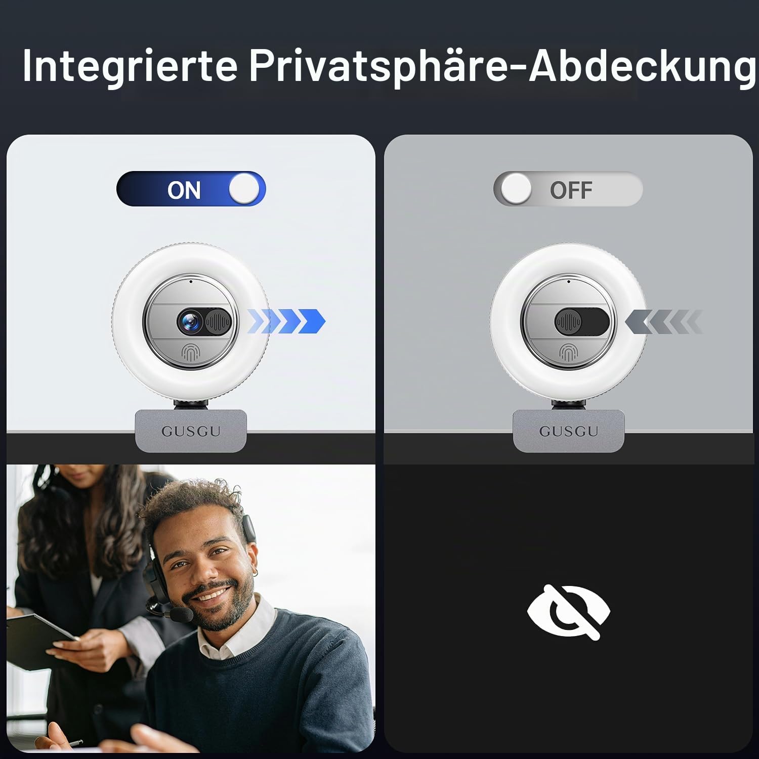 G910 2K Quad HD Webcam für PC, mit Mikrofon, Licht und Sichtschutzabdeckung, Webkamera für Desktop-Computer/Laptop/MacBook, USB-Streaming-Kamera