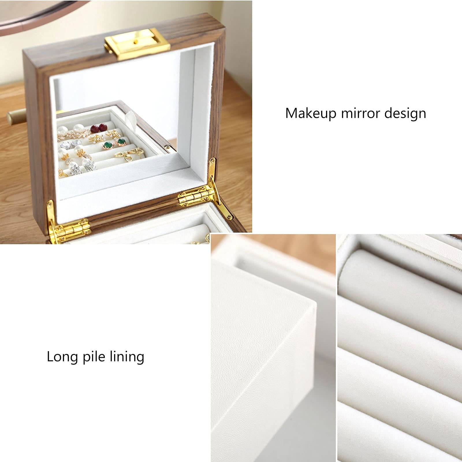 Boîte À Bijoux Organisateur Boîte À Bijoux en Bois Massif pour Femmes Armoire À Bijoux Anneau Collier Boîte De Rangement Cadeau Organisateur De Voyage avec Miroir