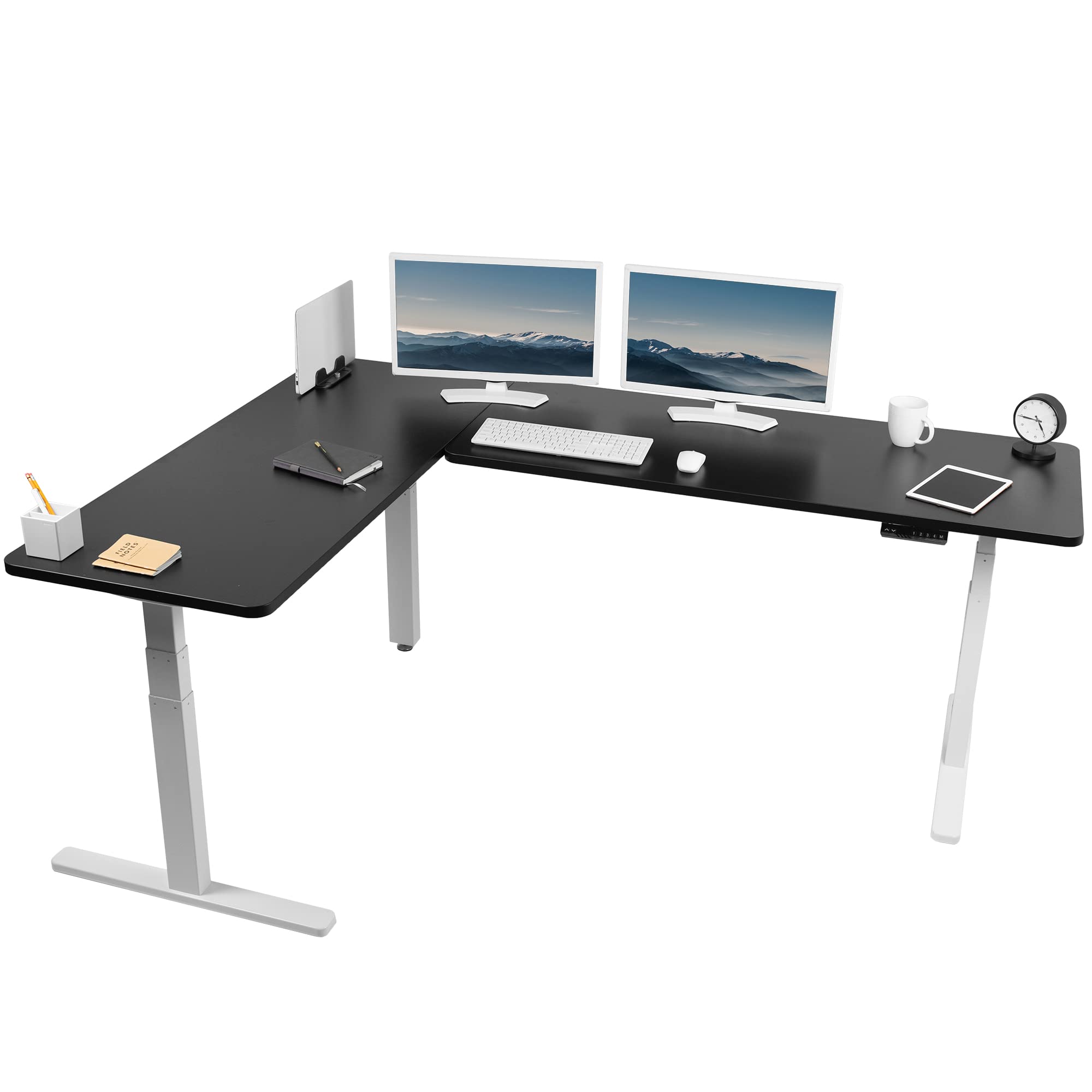 VIVO Electric Height Adjustable 83 x 60 inch Corner Stand Up Desk, 2 Black Solid Table Tops, White Frame, Memory Controller, L-Shaped Workstation, 3E Series, DESK-KIT-3E8WB
