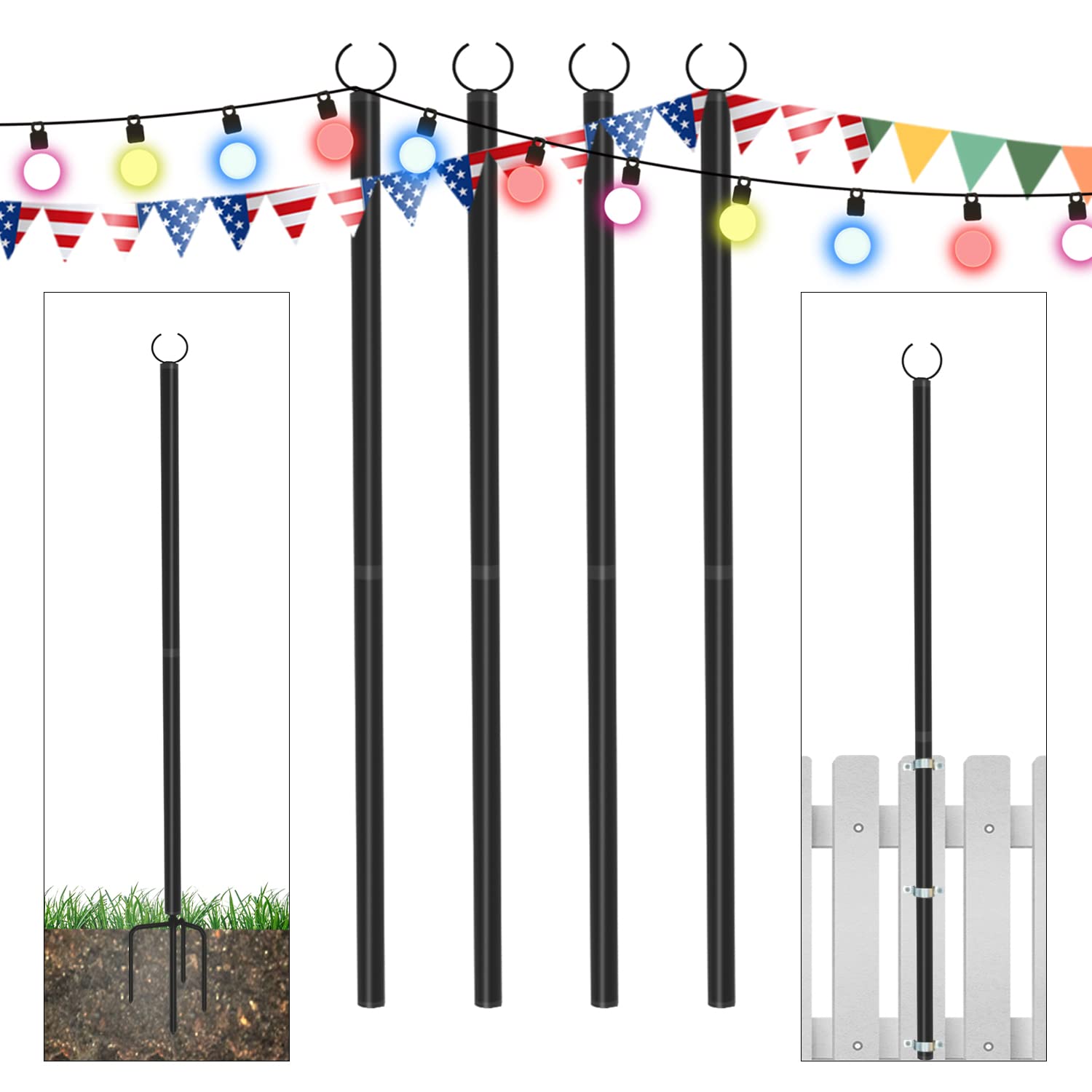 KULAMOON 4PCS Outdoor Patio String Light Poles with Hooks for Outdoor