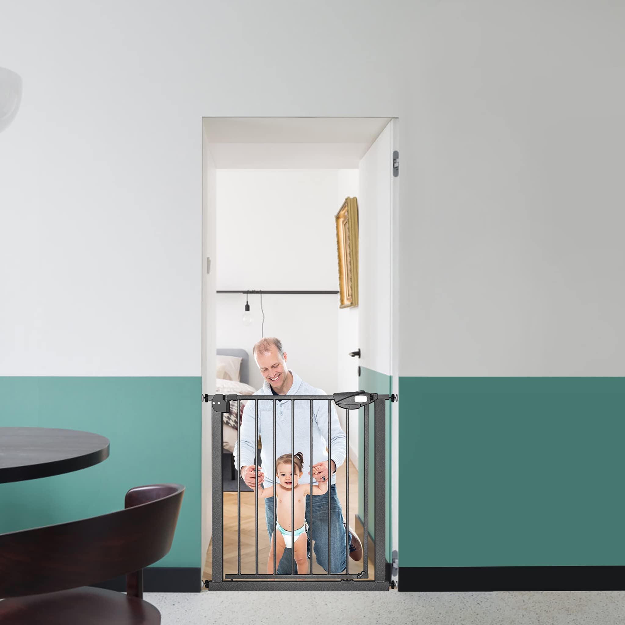 Barrera de seguridad para escaleras sin taladrar, 75-85 cm, para niños y mascotas, apertura con una sola mano, color negro