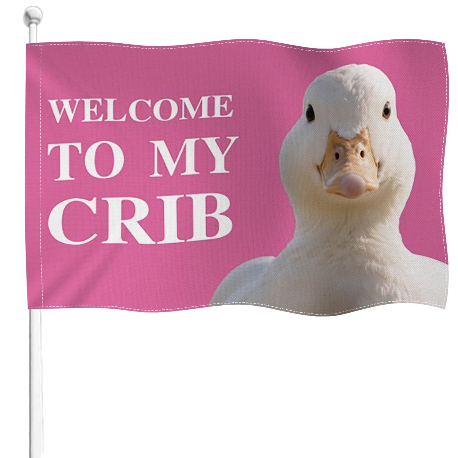 Drapeau Welcome to My Crib Duck Rose en Toile de Jute Double Face 90x150 cm pour Chambre