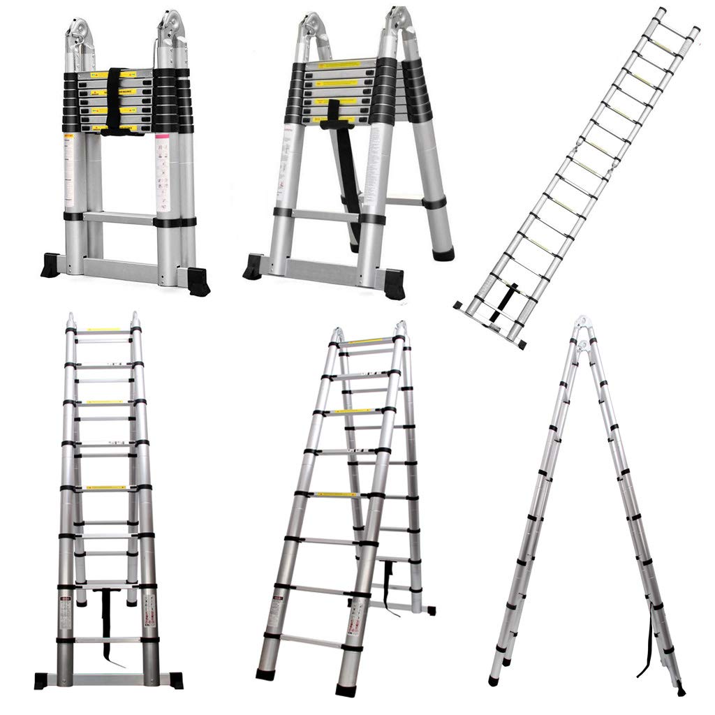 5M Teleskopleiter Alu Leiter Ausziehbare Klappleiter 2.5M + 2.5M Teleskop Leiter mit Stabilisator, Hohe Mehrzweckleiter, 150 kg Belastbarkeit