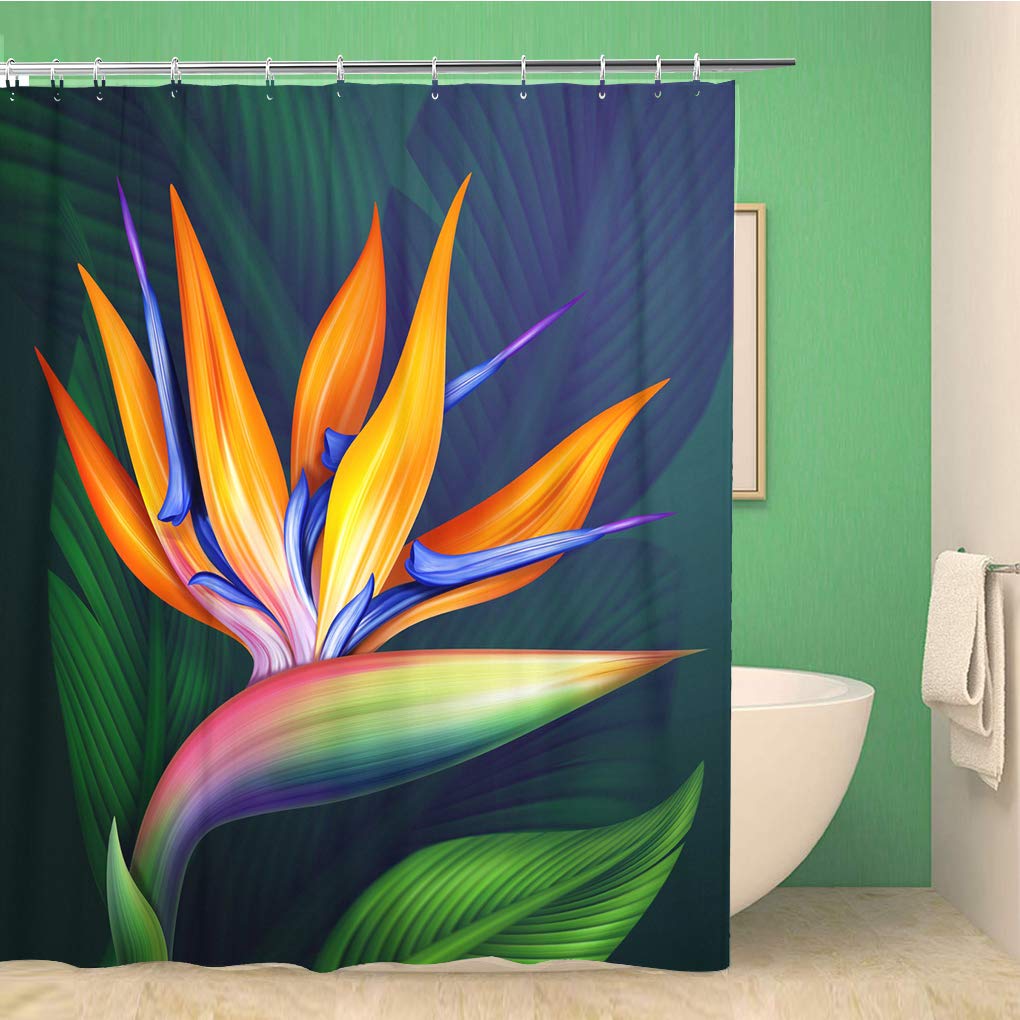 Awowee Color 20 Decor Shower Curtain Colorful Strelitzia Bird Of Paradise Exotic Flower Botanical Green 180X180cm Polyester Fabric Waterproof Bath Curtains Set With Hooks For Bathroom