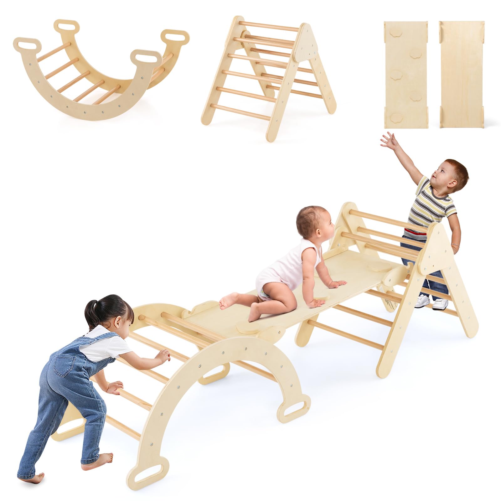 Olakids Pikler Triangle Set 7 in 1 Climbing Toys for Toddlers 1-3 Indoor Kids Activity Playground with Slide Ramp Arch Rocker Ladder Inside Foldable Wooden Montessori Jungle Gym (Wood Tone)