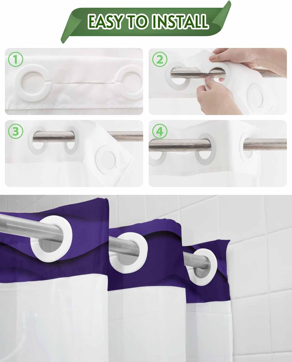 No Hook Shower Curtain with Snap in Liner, Gradient Purple Waves Seamless Waterproof Bath Curtain Double Layers with See Through Top Window, Abstract Geometric Art No Hook Shower Curtains
