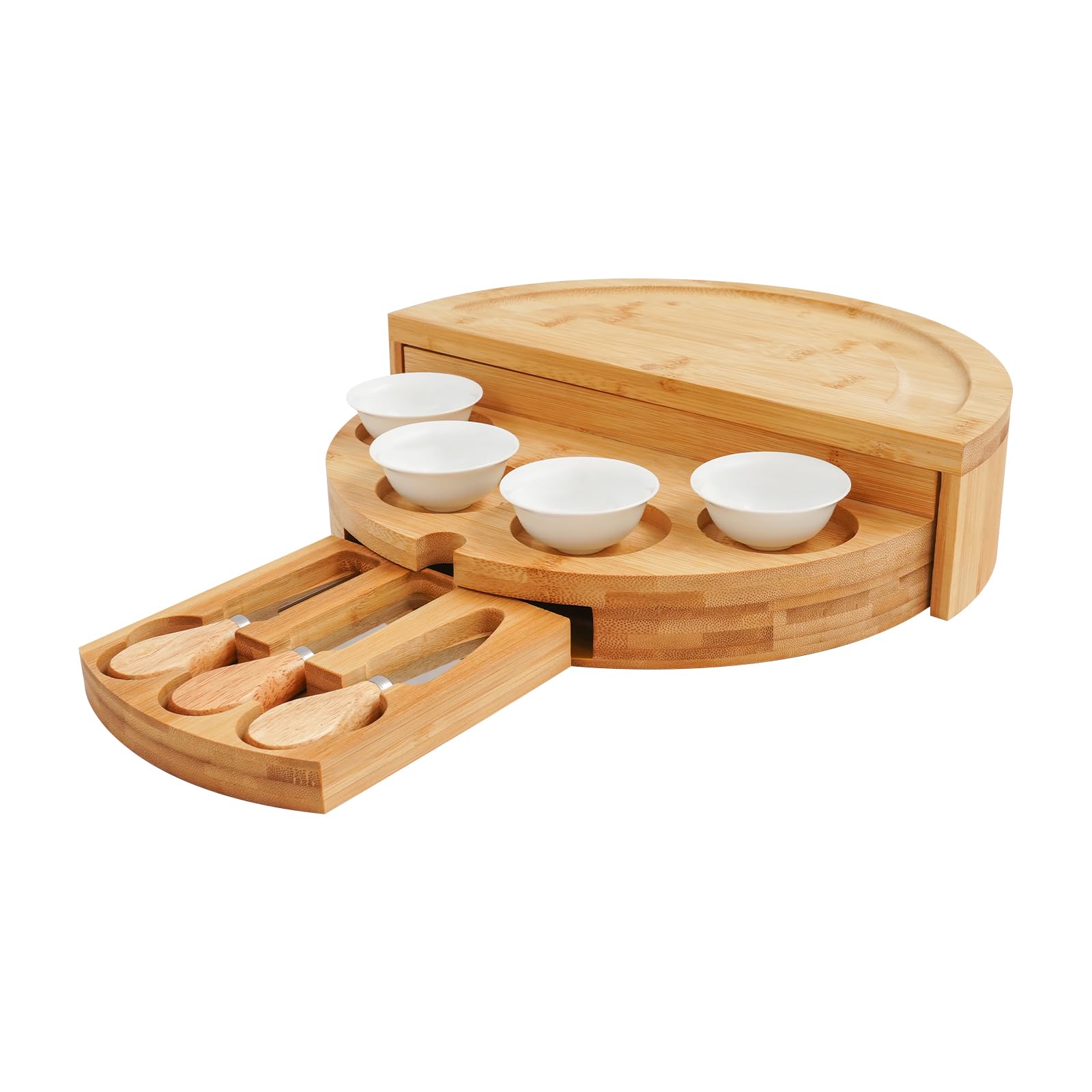 Ensemble de planches à fromage rondes en bambou avec couteaux à fromage et 4 bols en céramique, plateau de service rotatif de 32,5 cm, planche de service durable pour charcuterie, plateau à fromage