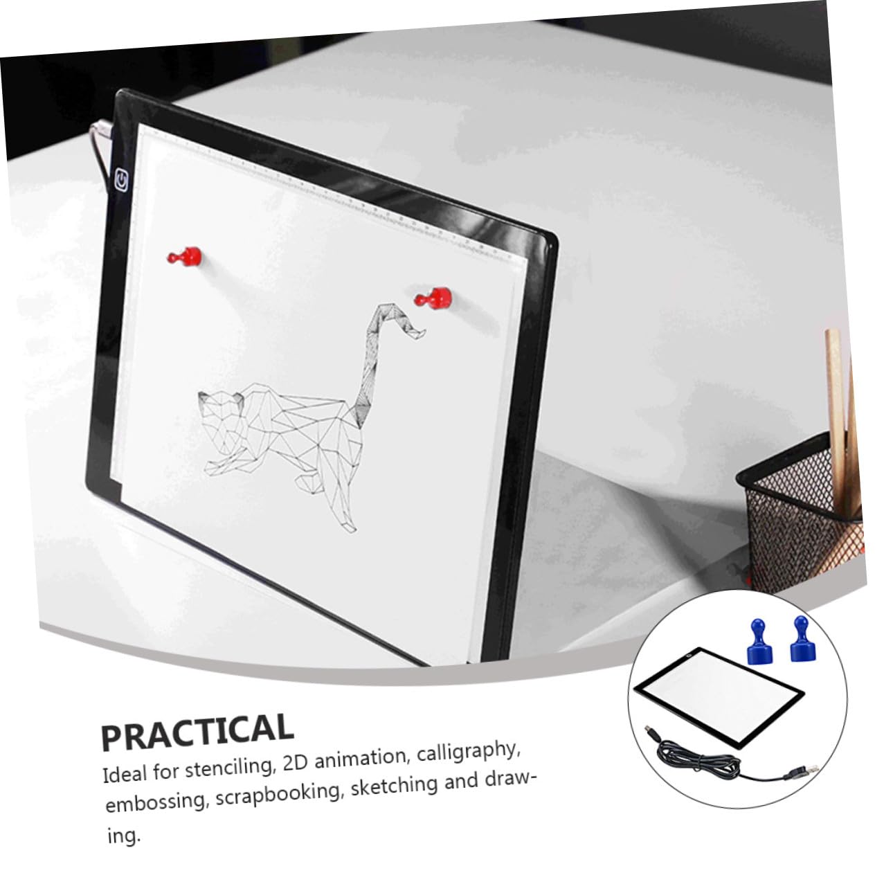 Healeved Tablette Lumineuse A4 avec Règle Intégrée, Planche à Dessin LED pour Calque et Croquis, pour Pratique de Peinture et Estampage, Alimentée par USB, Légère et Faible Consommation