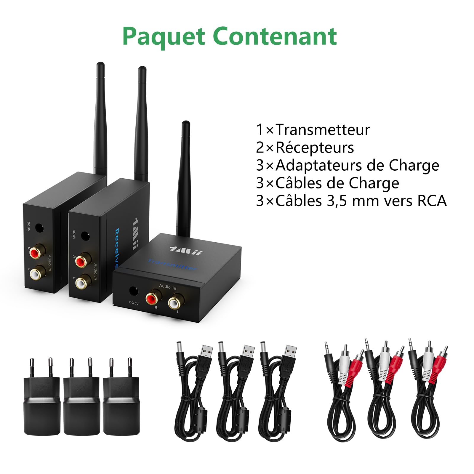 1Mii Émetteur Récepteur Audio sans Fil (1 TX+2 RX), Longue Portée 2,4GHz
