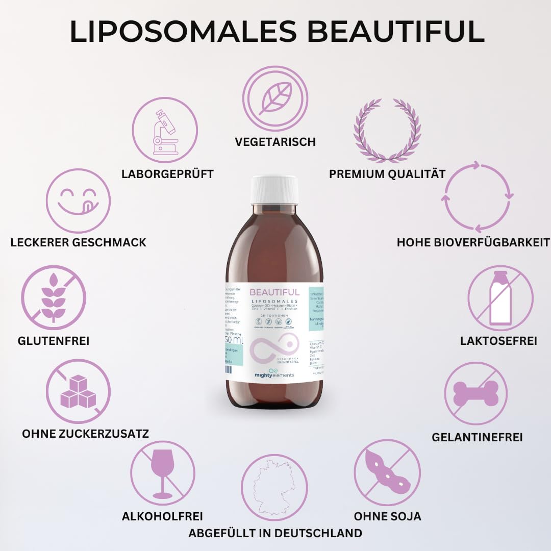 Mighty Elements Liposomales Beautiful 6in1, Vitamin C 100mg, Apfel, 250ml | Zink 15mg, Hyaluron 100mg, CoQ10 100mg, Biotin, Folat, 25 Portionen, vegan, hochdosiert