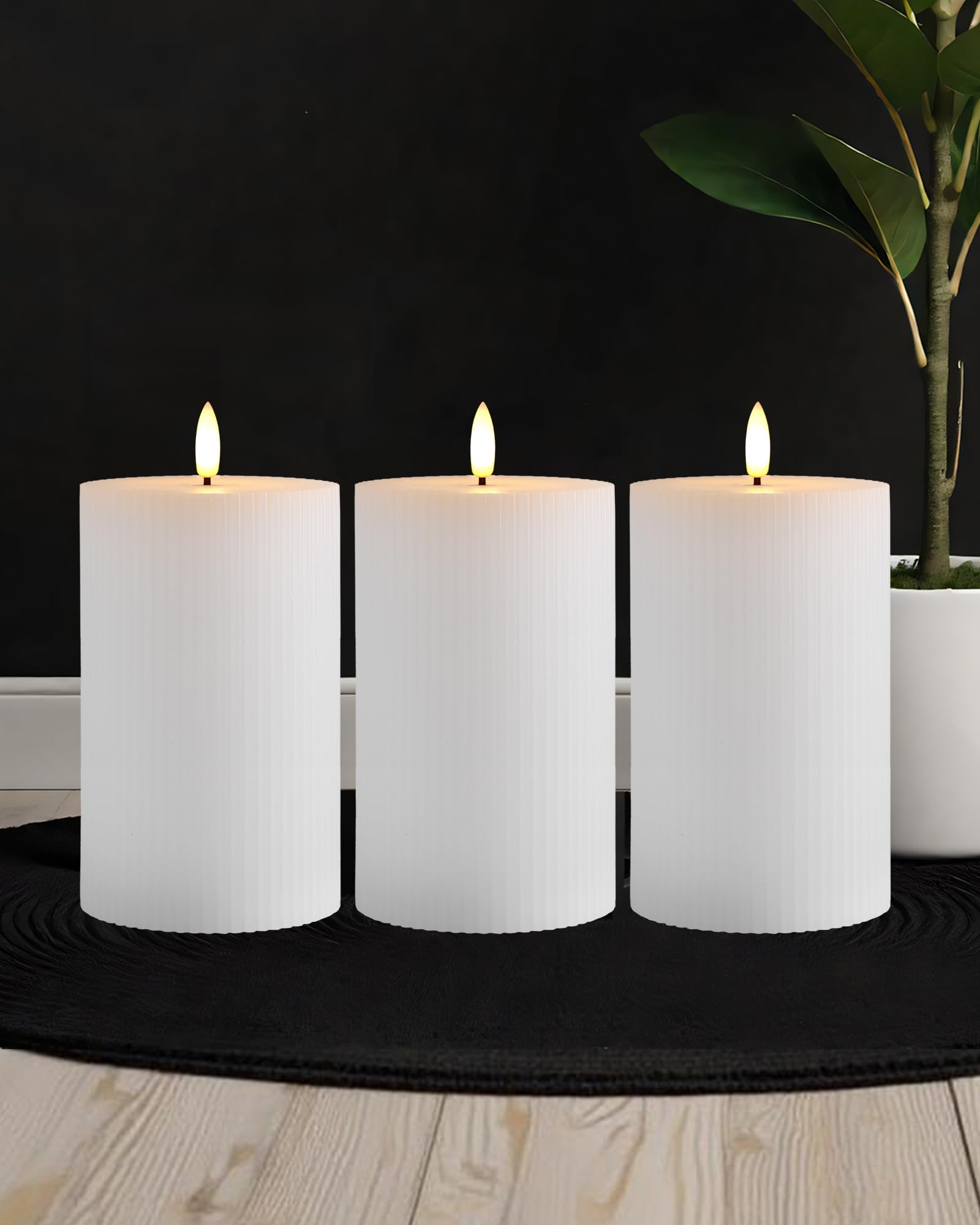 Gmnee Velas de pilar sin llama, paquete de 3 velas de más de 350 horas que funcionan con pilas con control remoto, temporizador, parpadeante, sin perfume, acanaladas, cera real, perfectas como velas