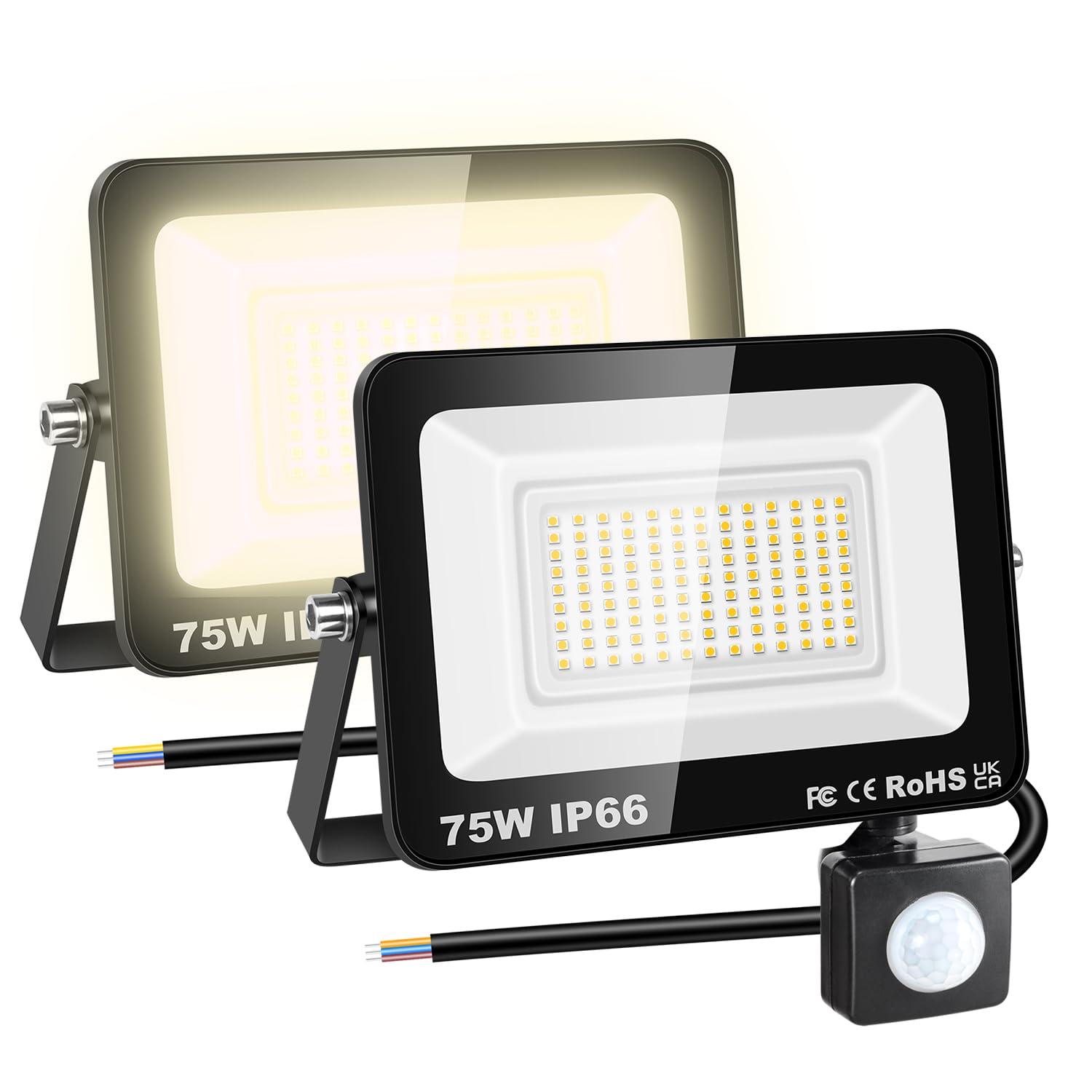 RIGIDON 2x 75W 7500lm faretto con pir sensore di movimento, proiettori led | senza spina, 3000K bianco caldo, fari di Sicurezza, luci esterno per giardino garage patio terrazza cortile, impermeabile