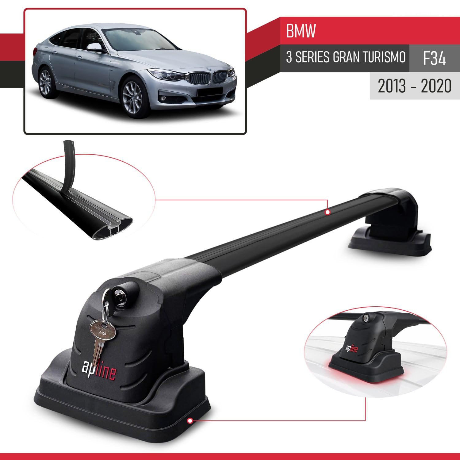 Kompatybilny z Compatible with BMW 3 Series Gran Turismo (F34) 2013-2019 ACE-3 Model Aluminiowy bagażnik dachowy 2 poprzeczki, czarne