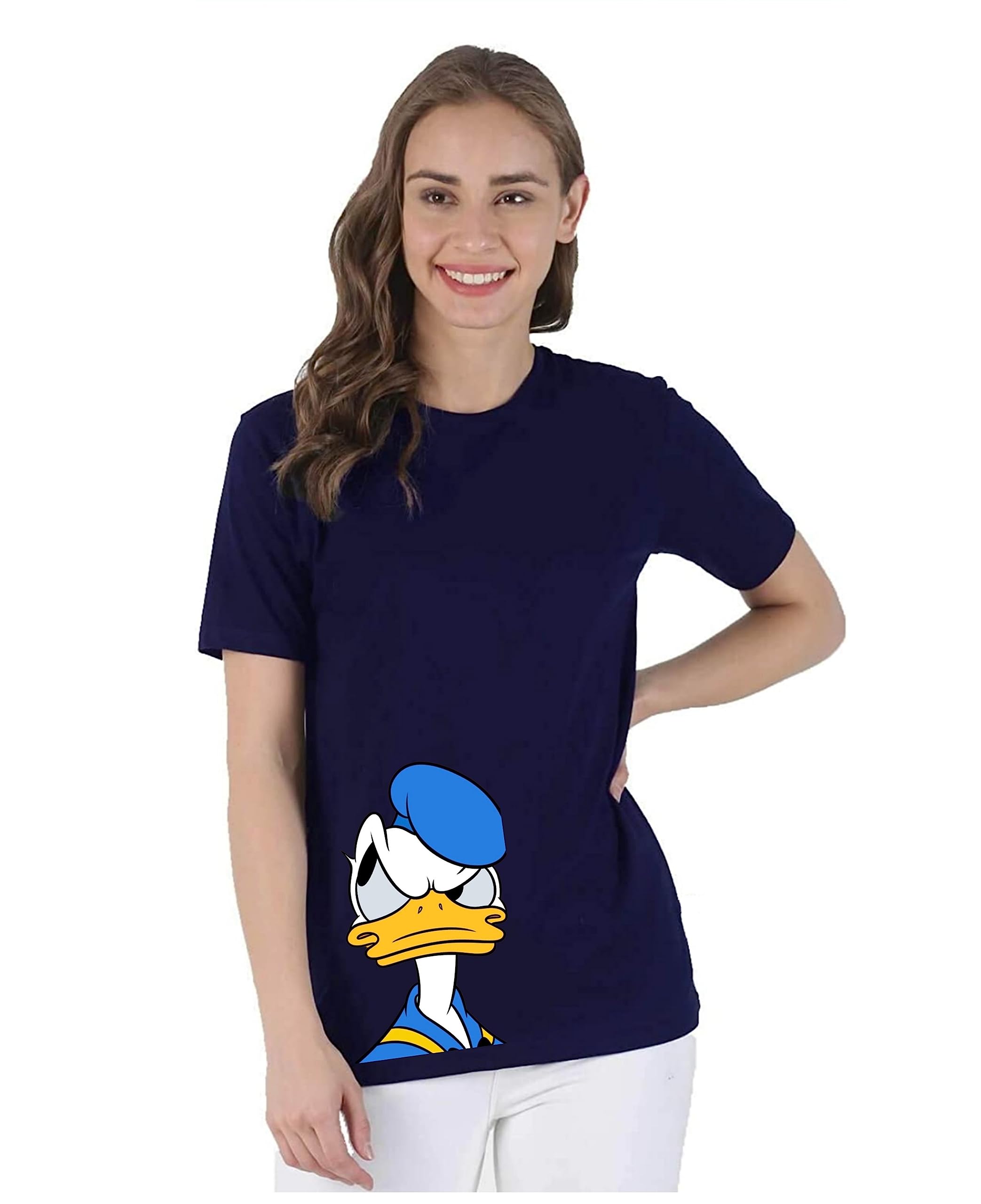Be CrazyWomen's Donald Duck Navy Blue Color Cartoon Graphic Printed 100% Cotton T-Shirt - Regular Fit, Round Neck, Short Sleeves T Shirt for Women