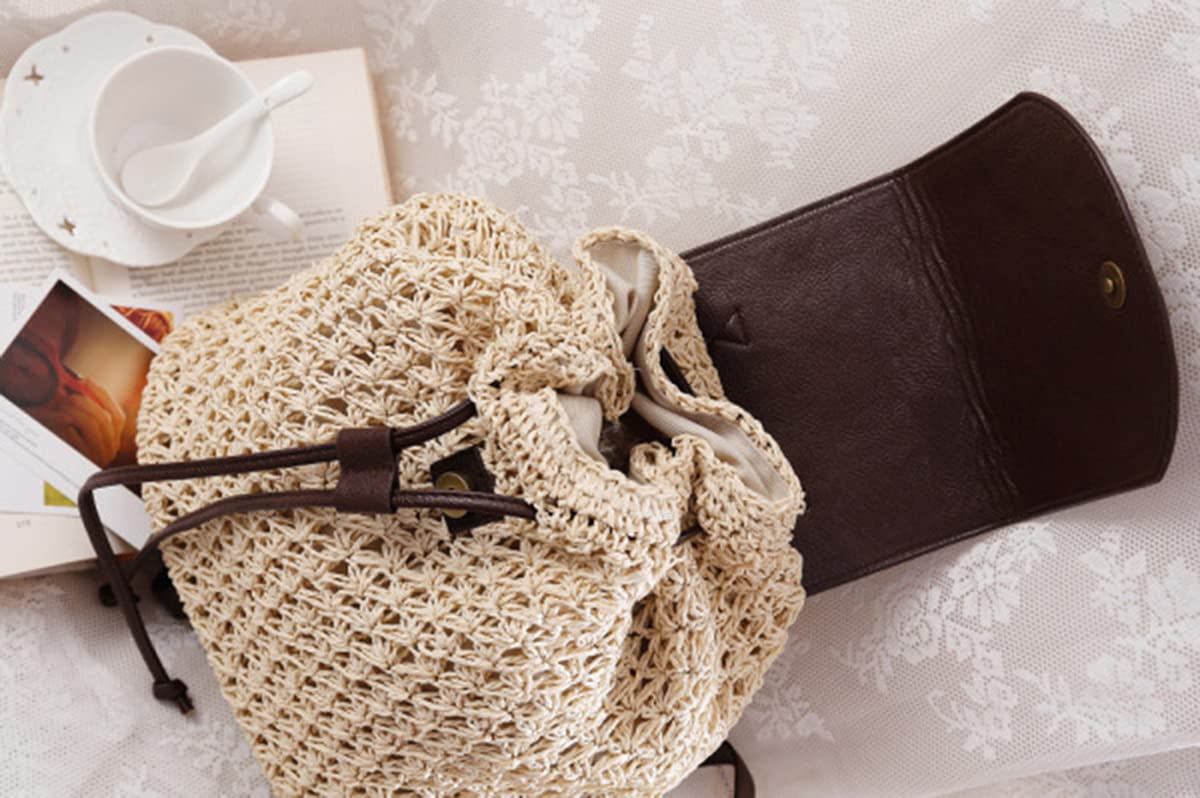 Zaino estivo da donna, in paglia, alla moda, beige, con tracolla intrecciata, da spiaggia