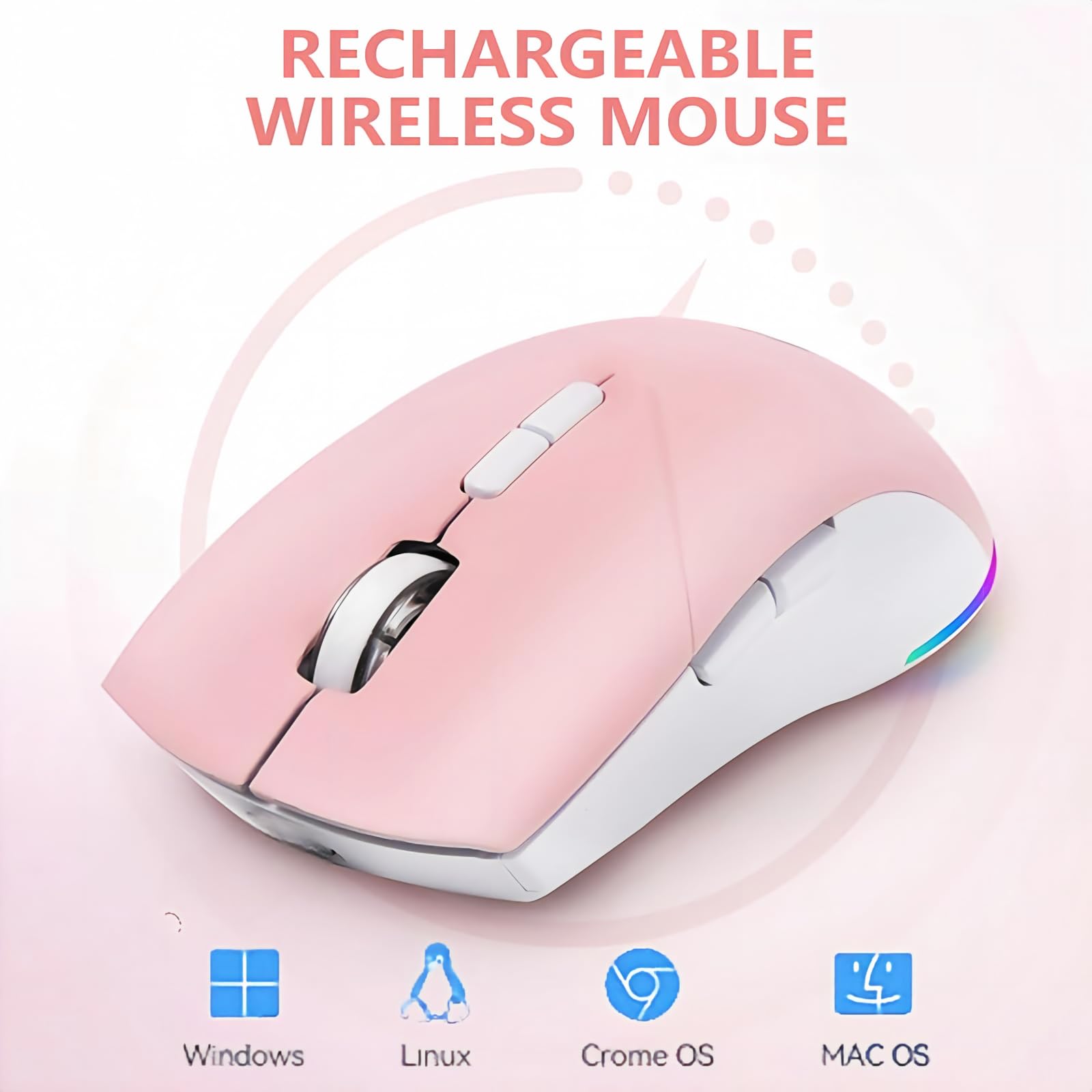 Ratón Bluetooth inalámbrico, ratón óptico USB recargable, 3 DPI ajustables, LED silencioso modo dual (Bluetooth 5.2 y 2.4G) Ratón inalámbrico para Mac, portátil, PC, Android, Windows (rosa)