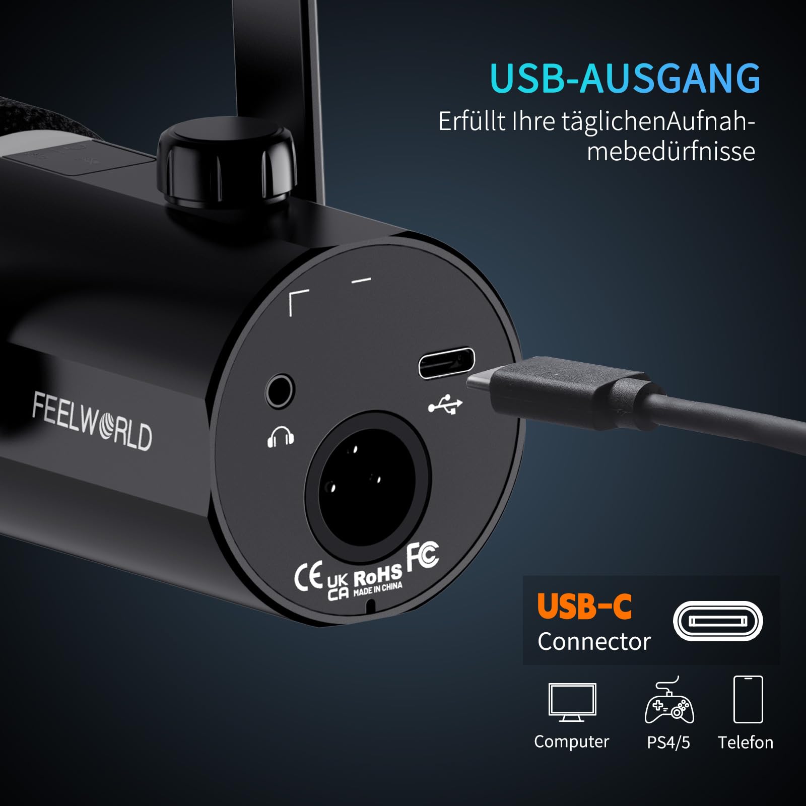 FEELWORLD PM1 XLR/USB Dynamisches Mikrofon für Podcast-Aufnahmen, Gaming-PC-Computer-Mikrofon mit RGB-Licht, Stummschaltung, Kopfhöreranschluss, Herzförmige Richtcharakteristik, für Studio YouTube.