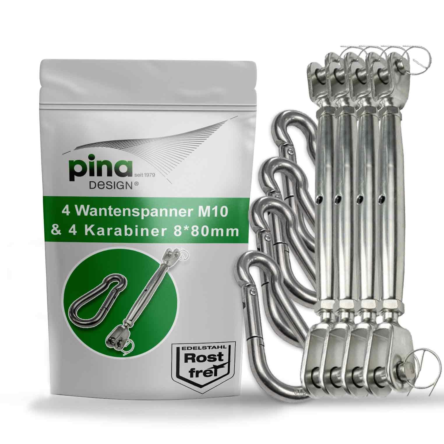 Sonnensegel Befestigungset aus V4A Edelstahl | Set aus M10 Wantenspanner & 80mm Karabiner | Robuste Befestigung für Sonnensegel, Abdeckplane, Drahtseil oder Tarp (4 Paar)