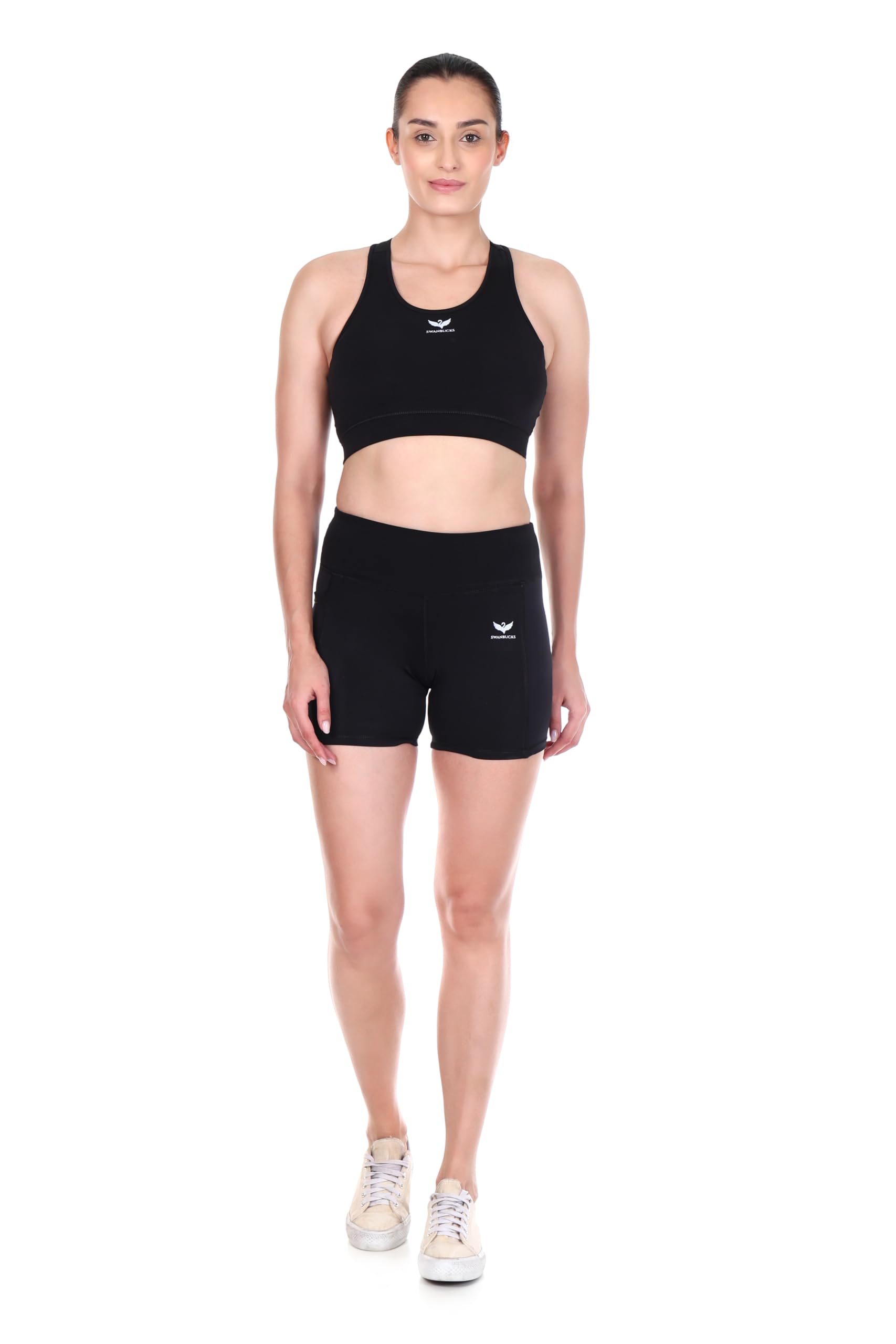 Women's Black Athletic Two-Piece Shorts Set, Polyester-Spandex-image-49