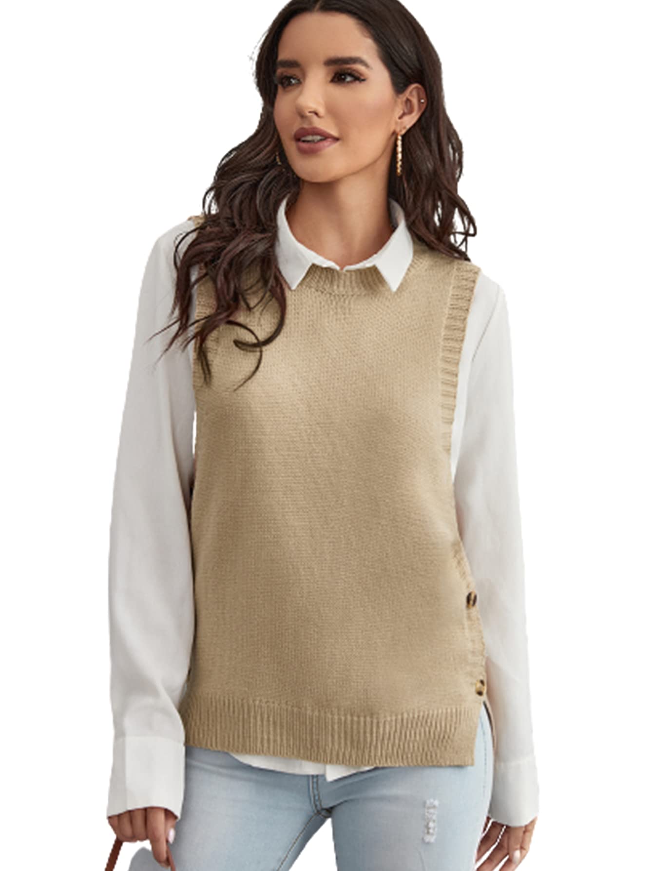 quecy Women's Button Side Split Hem Round Neck Sleeveless Sweater Vest-picture-39