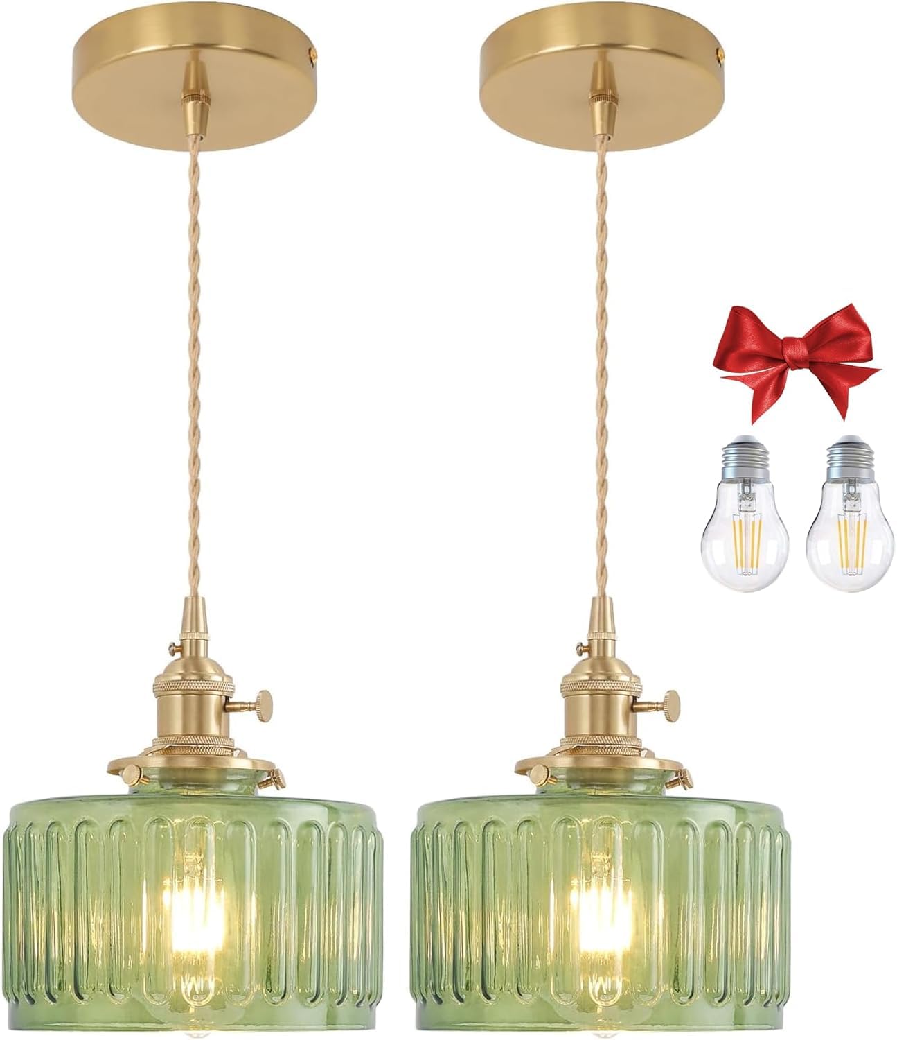 Bravsekai Green Striped Glass Pendant Light, 2 Natural Light Bulbs Included, Adjustable Cord with Switch, Suitable for Kitchen Island/Dining Room
