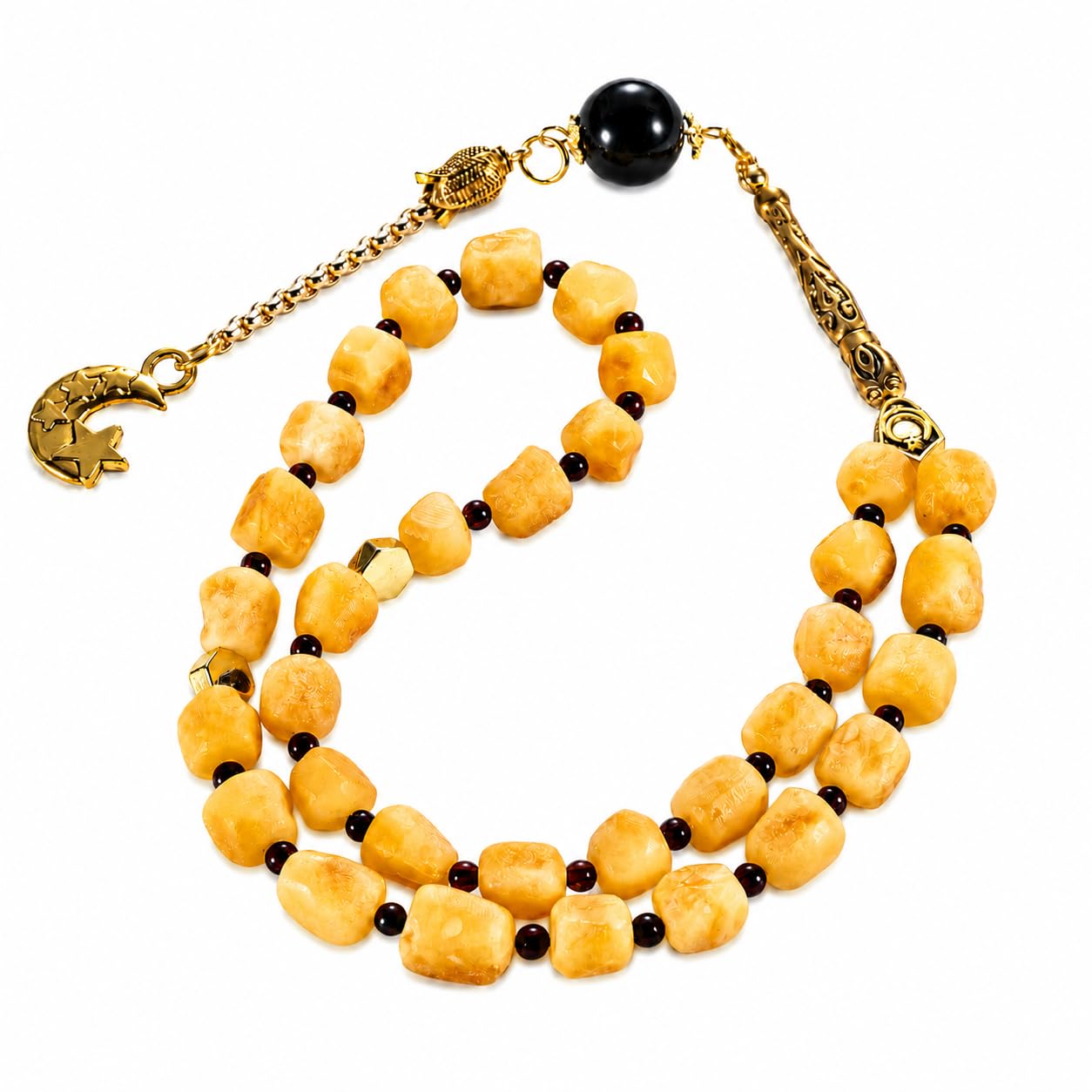 Old Amber 33-Bead Islamic Prayer Beads Tasbih | Handcrafted Aged Amber-Style Misbaha with Gold-Tone Tassel & Crescent Charm | Luxury Gift Box | Ideal Ramadan/Eid/Birthday Gifts for Men & Women