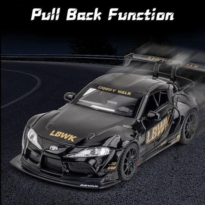Image of Diecast Model Metal Pull-Back Car With Sound Light And Opening Doors: A Kids' Toy Vehicle Gift (1:24 Toyota Supra Gr Lbwk - Black)