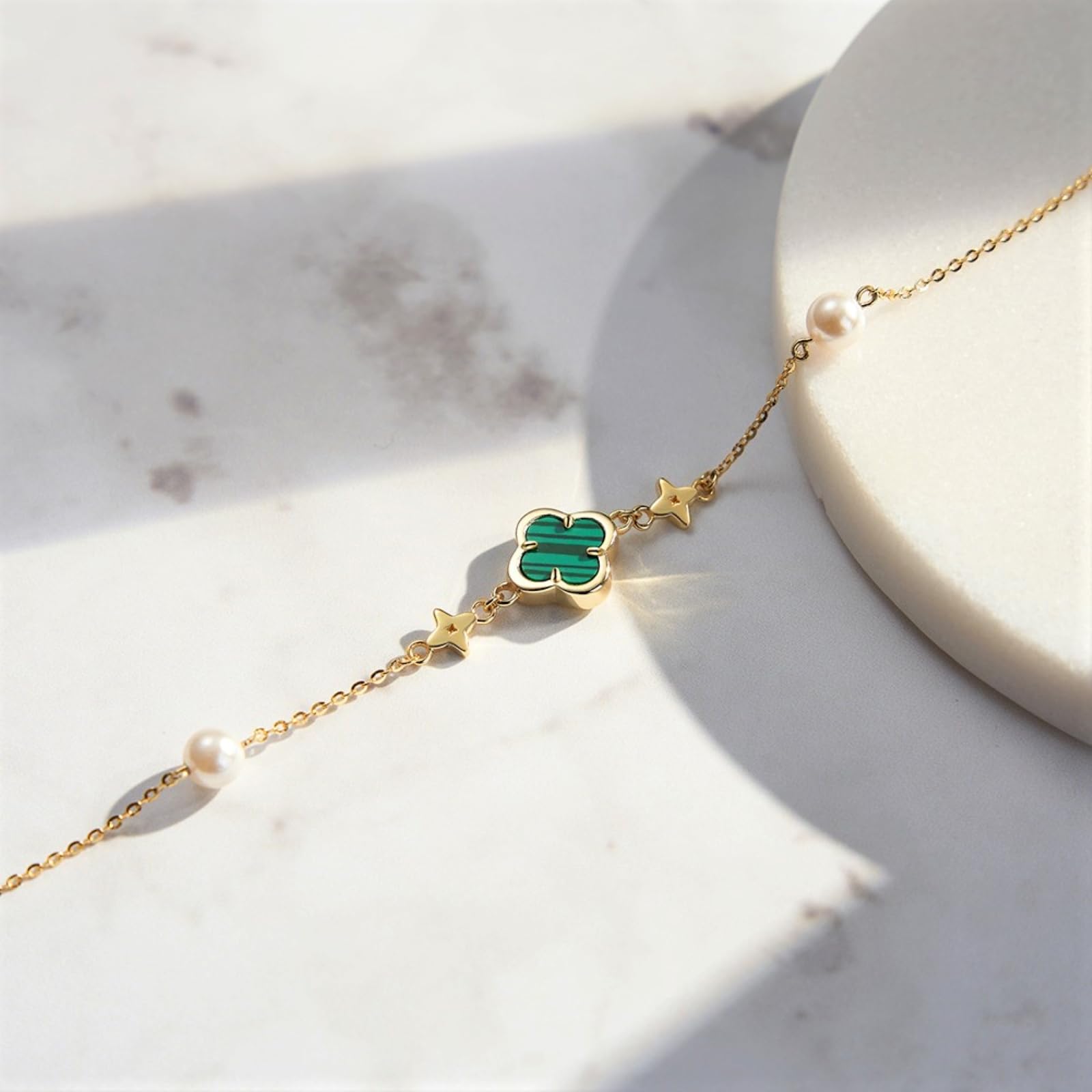 Pulsera de trébol para mujer, pulsera ajustable de plata de ley con perla y malaquita para novia, pulseras de la amistad, regalos para mujeres