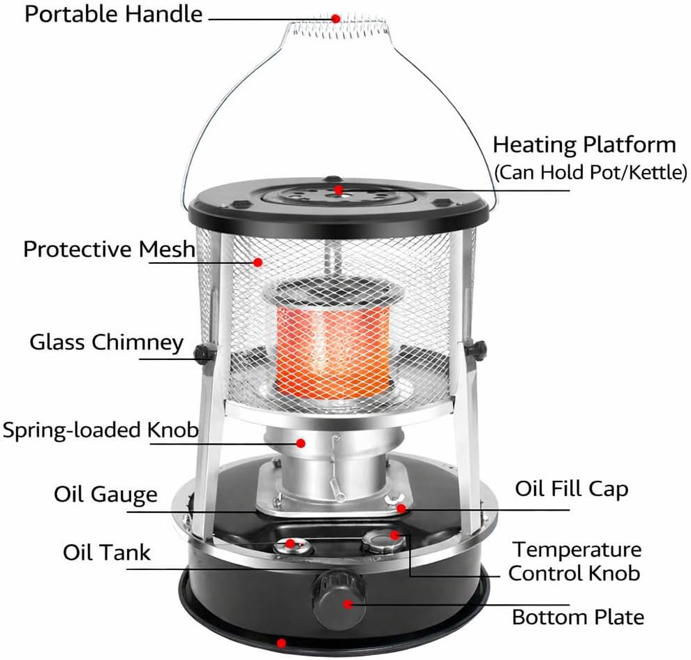 Portable Kerosene Heater/Stove, 9000 BTU 4.6L Portable Non Electric heaters for indoor, Cordless Space Heater for Camping, Garage, Basement, Emergency Heating, Outdoor Kerosene Stove (Black)