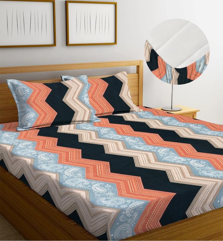 Image of la'amour 100% Cotton Elastic Fitted Bedsheets with 2 King Size Pillow Covers Double Bed with All Around Elastic Supersoft Size - 72 King Sizex78+10 inches Beige and Black 200 tc - 220 tc