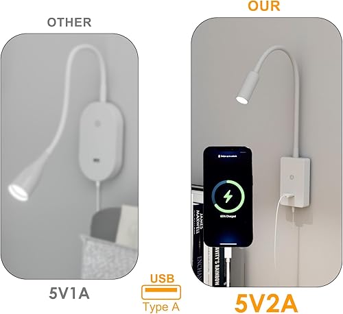 Miniatura 6 de ENUOTEK Luz LED de lectura de cabecera montada en la pared, lámpara de punto blanco regulable táctil para dormitorio con puerto USB 5V2A, cuello de