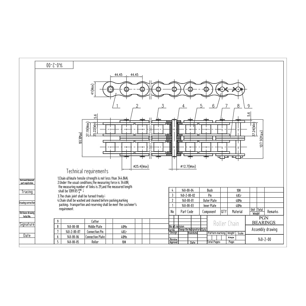 PGN #140-2 Duplex Double Strand Roller Chain x 10 feet + 2 Connecting Links
