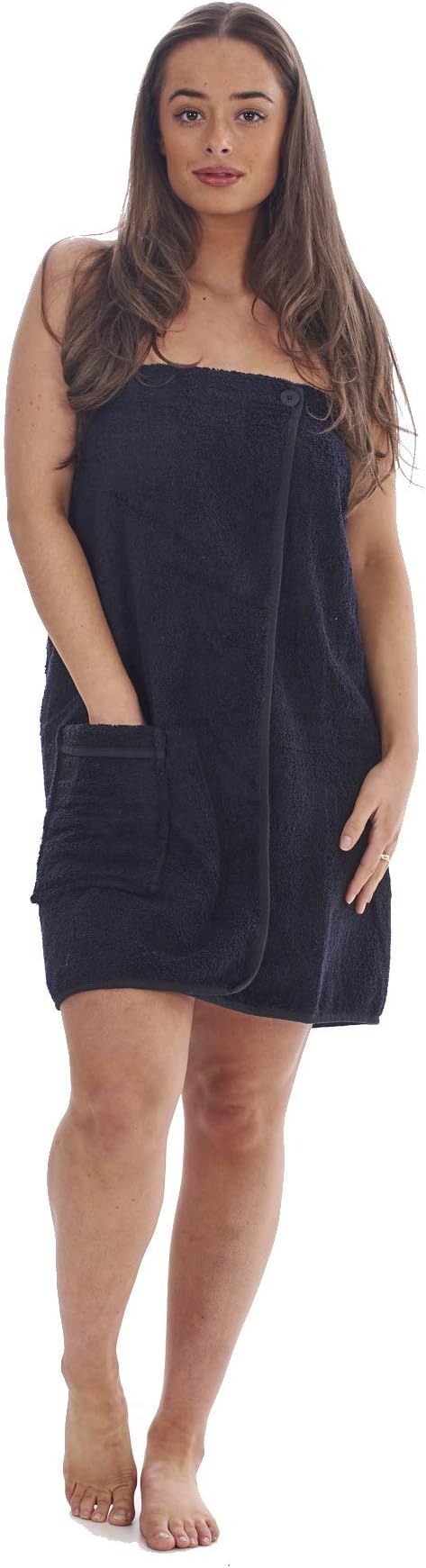 Ladies Towel Wrap 100% Cotton Highly Absorbent Terry Soft Sarong Towel Shower Spa Sauna Beach Gym Towelling Robe Cover-Up (Black, S/M)