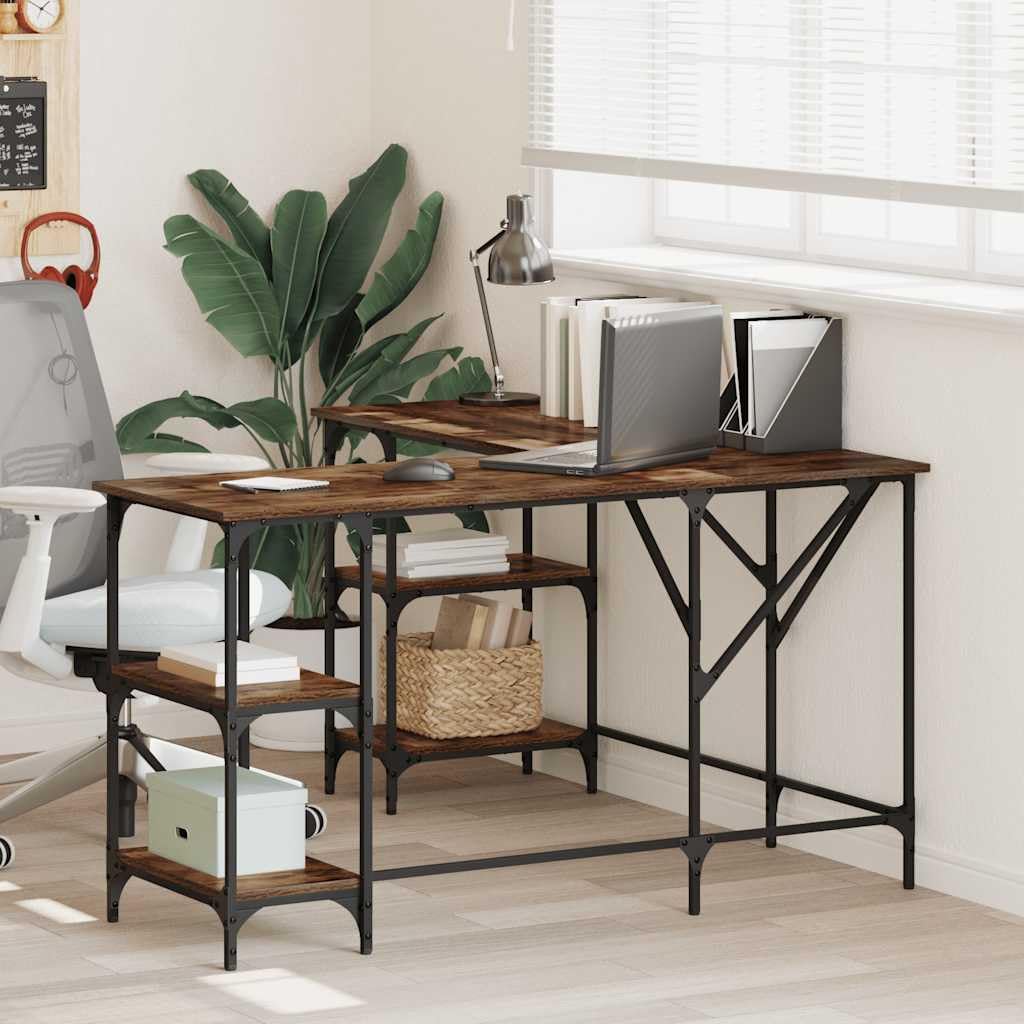Scrivania in legno di rovere affumicato, 139 x 139 x 75 cm, con ripiano e vano portaoggetti, scrivania angolare a forma di L, per ufficio, casa, ergonomica, con telaio in metallo, gambe