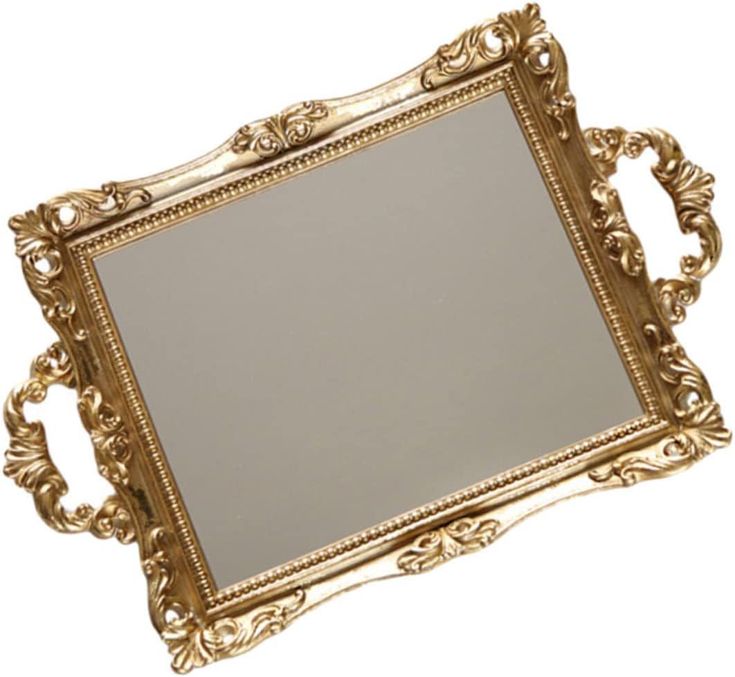 VALICLUD Delicate Nordic Style Resin Mirror Tray Vintage Carved Storage Plate for Wedding Dessert Table Elegant Gold Decorative Organizer for Jewelry Cosmetics Home and Office