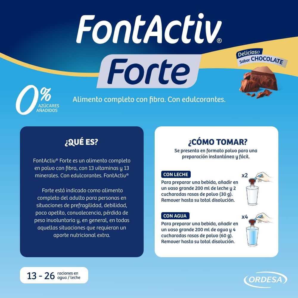 FontActiv Forte ProAction Chocolate | 800g | Suplemento Nutricional con Fibra para Adultos - 0% Azúcares añadidos