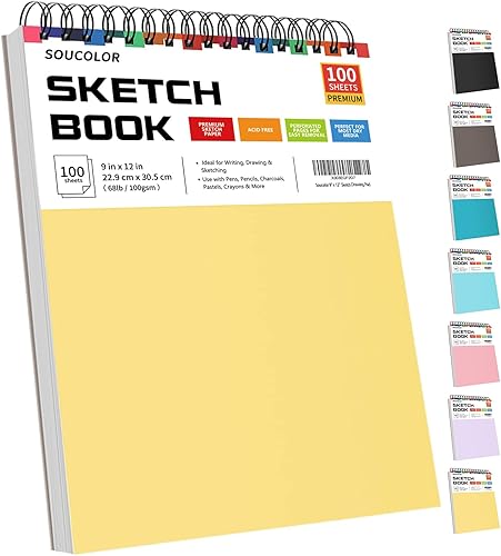 Soucolor Cuaderno de bocetos de 9 x 12 pulgadas, 1 paquete de 100 hojas encuadernadas en espiral, libre de ácido (68 libras3.53 ozm), libro de