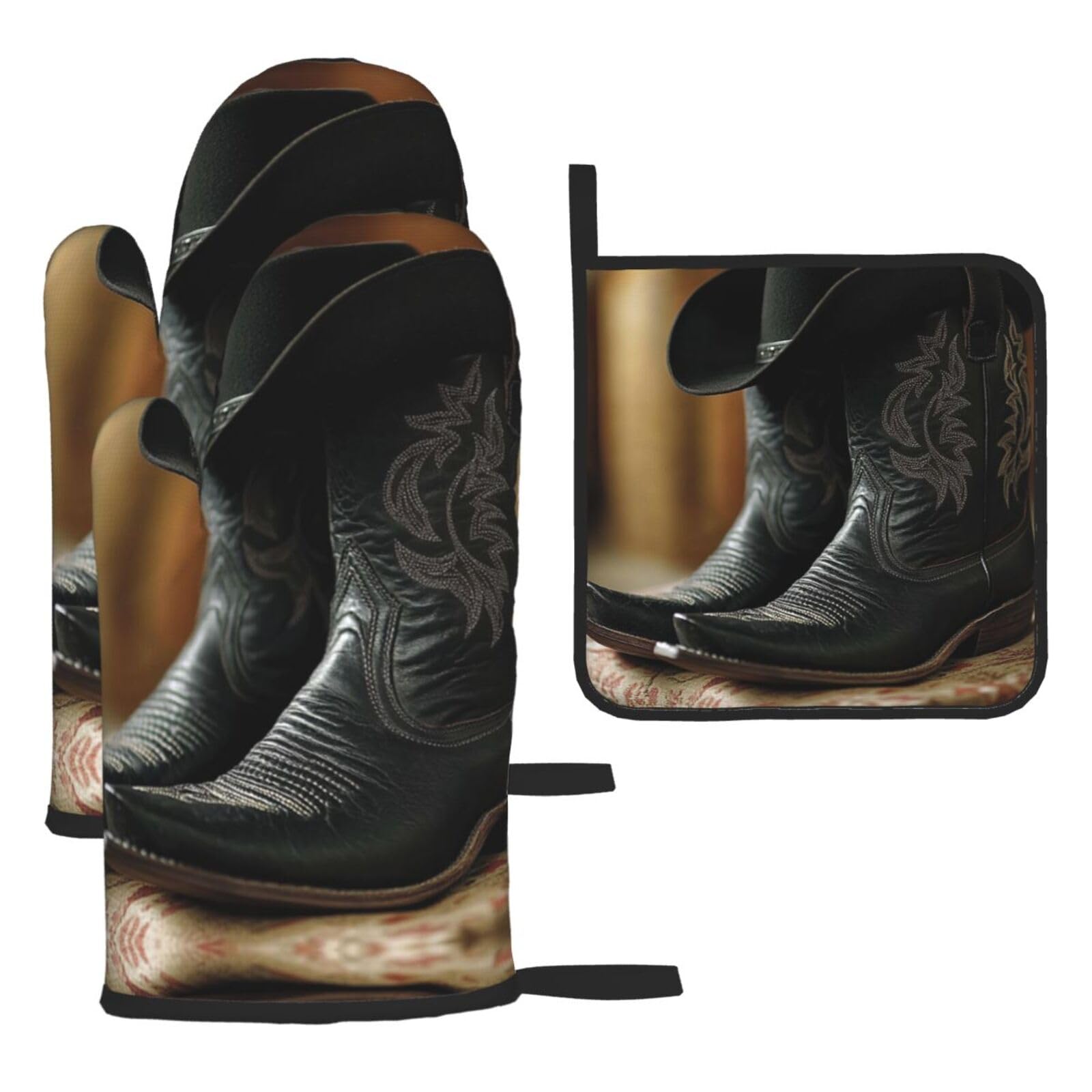 Oven Mitts and Pot Holders Set of 3 Heat Resistant Non-Slip Kitchen Gloves Hot Pads Cowboy Black Hat Western Boots Mittens Gloves Non-Slip Potholders for Cooking Baking Grilling BBQ