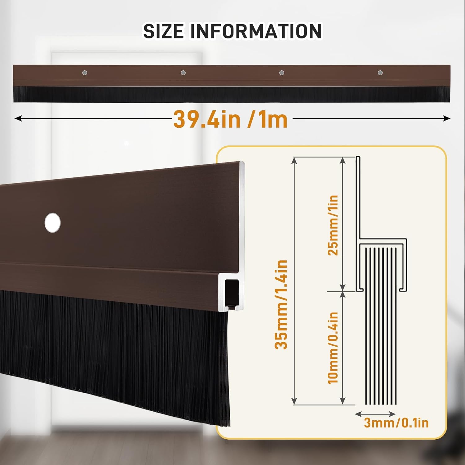 2 Pcs Door Sweep Door Brush Bottom Sweep with H-Shape Aluminum Alloy Base for Home、Industrial，0.4-Inch Door Brush (1.4Inch Wx39.4Inch L),Brown