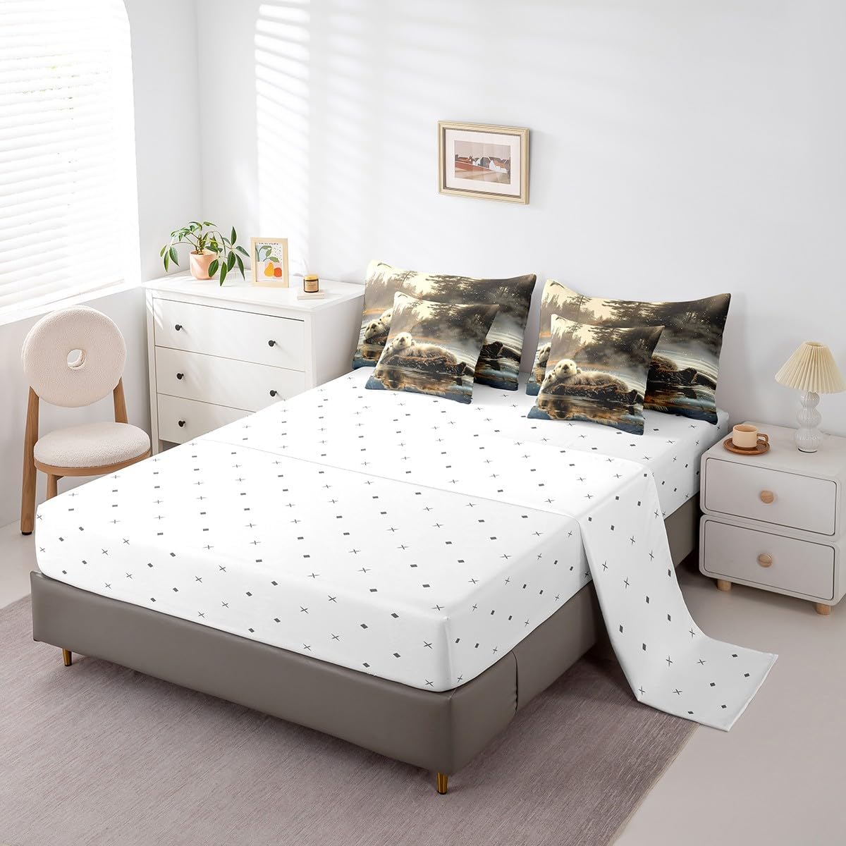Manfei Sea Otter Comforter Set Bed in a Bag 7 Pieces Twin,Wildlife Otter Couple Swimming Bedding Set,Cute Otter Jungle Adventure (Comforter+Fitted+Flat Sheet+2 Pillowcases+2 Throw Pillow Covers)